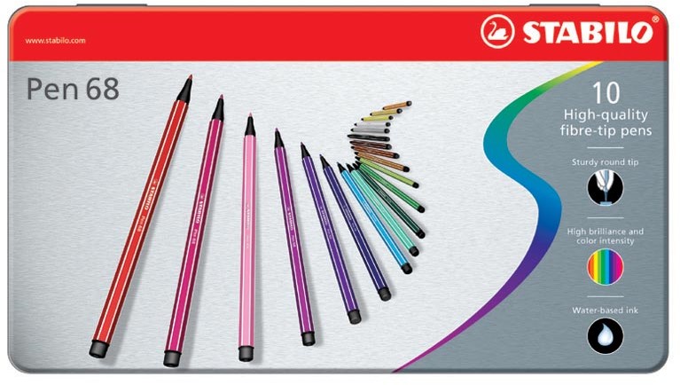 wit kiespijn zacht STABILO Pen 68 viltstift, metalen doos van 10 stiften in geassorteerde  kleuren bij Easy4Office